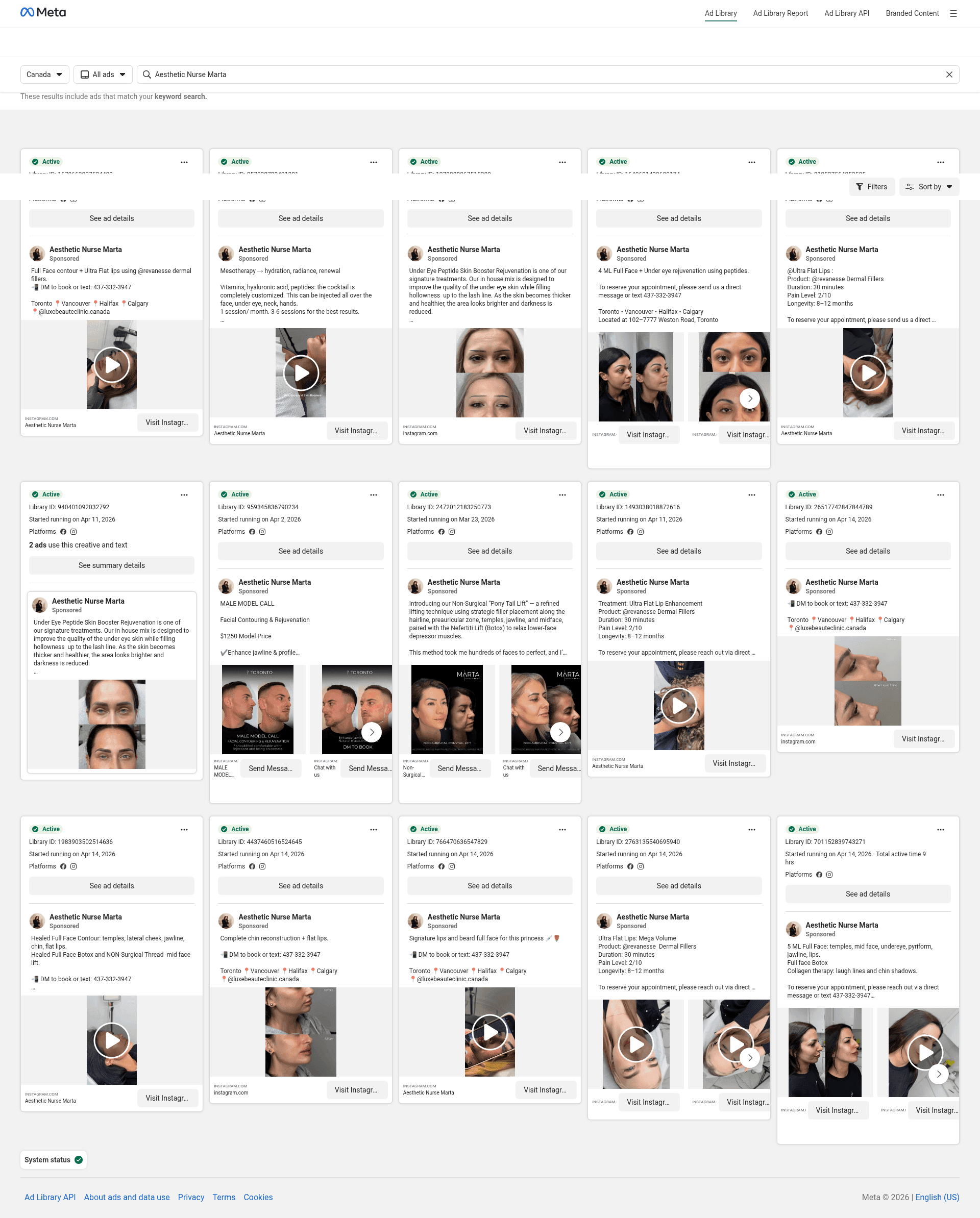 Meta Ad Library showing all active Aesthetic Nurse Marta ads